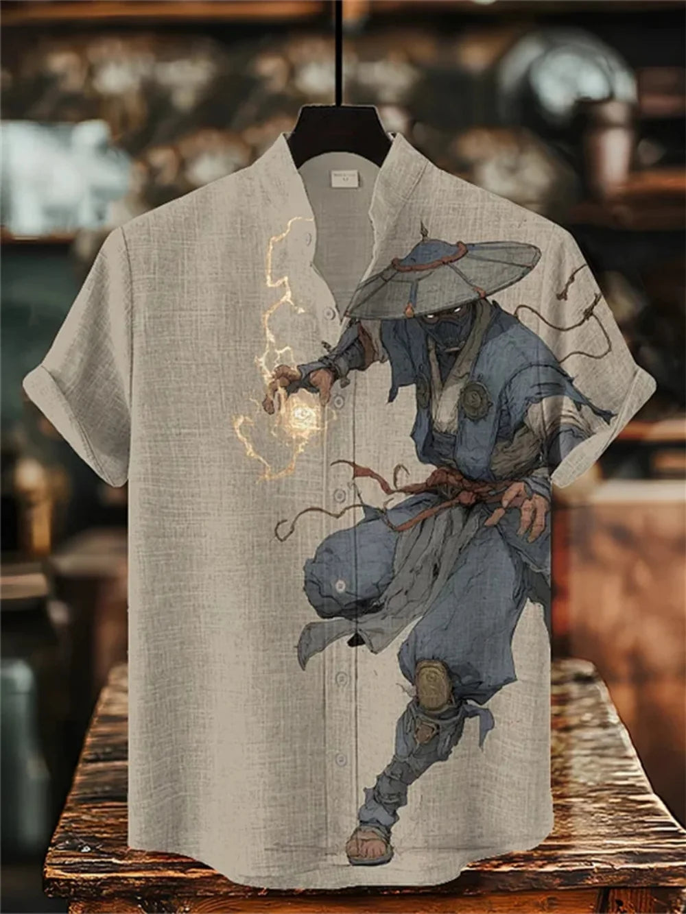 Kavari Royale Men’s Linen Short Sleeve Shirt – Stand Collar Printed Button-Up Casual Outdoor Wear