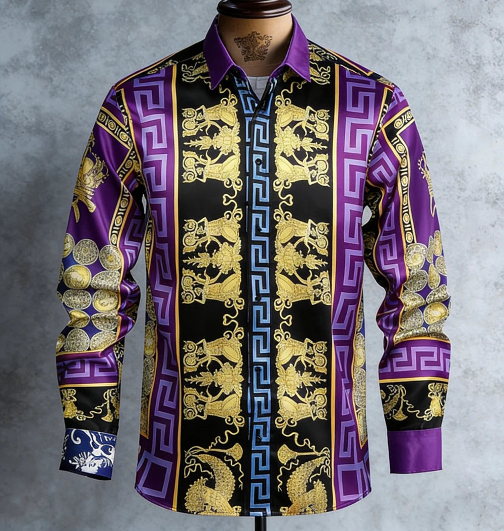 Kavari Royale Men’s French Luxury Baroque Shirt – 3D Printed Long Sleeve Hawaiian Vacation & Wedding Wear