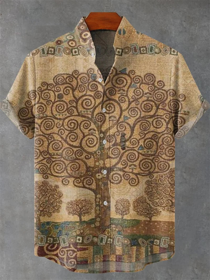 Kavari Royale Men’s Cartoon Cat Print Linen Shirt – Comfortable Short Sleeve Casual Art Design