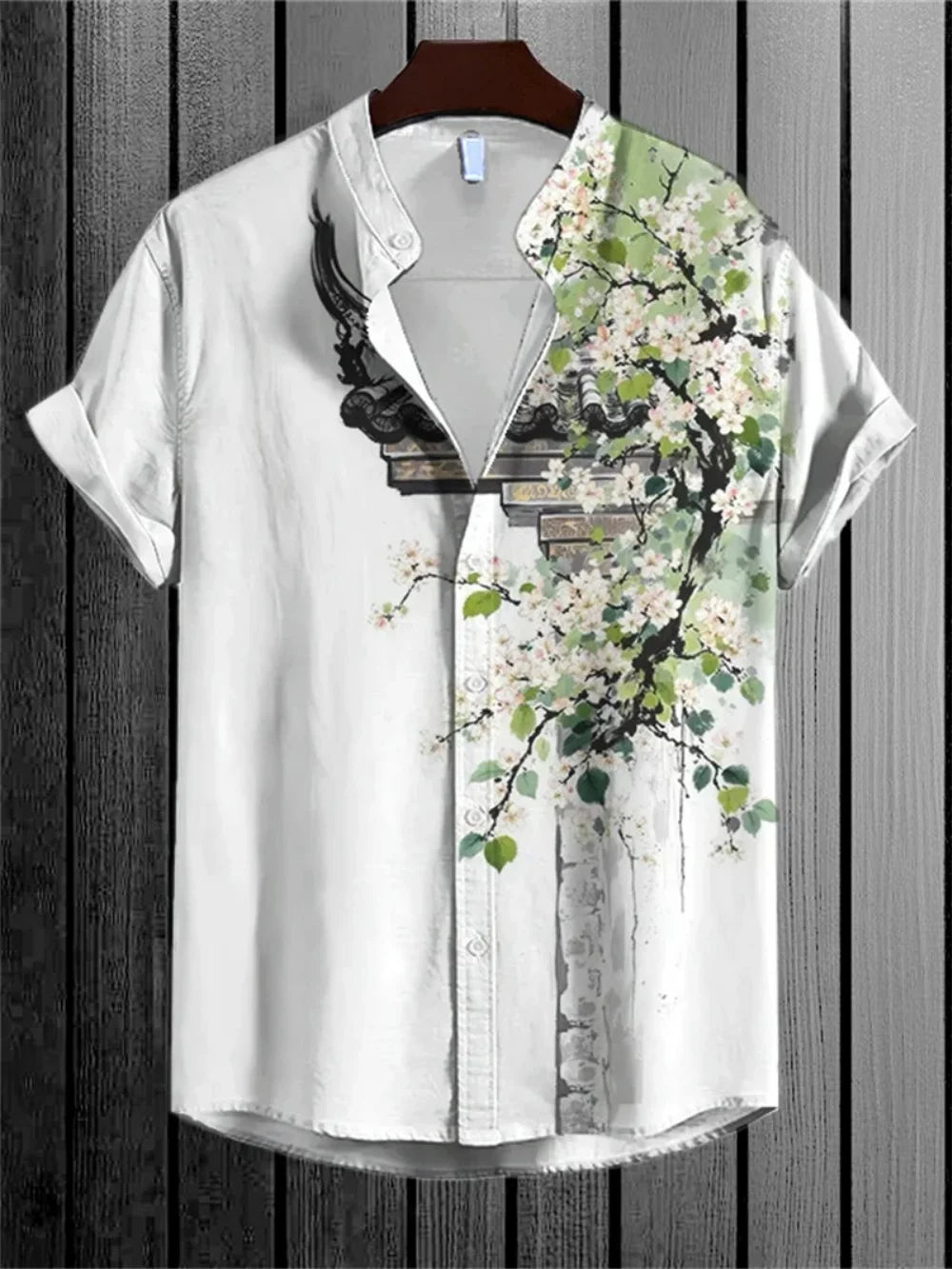 Kavari Royale Men’s Linen Short Sleeve Shirt – Stand Collar Printed Button-Up Casual Outdoor Wear