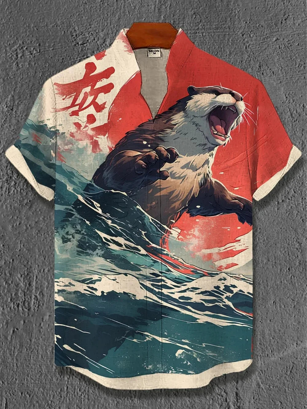 Kavari Royale Men’s Stand Collar Linen Shirt – Creative Printed Short Sleeve Summer Casual Streetwear