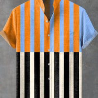 Kavari Royale Men’s Multicolor Geometric Stripe Shirt – 3D Printed Linen Short Sleeve Casual Flap Collar