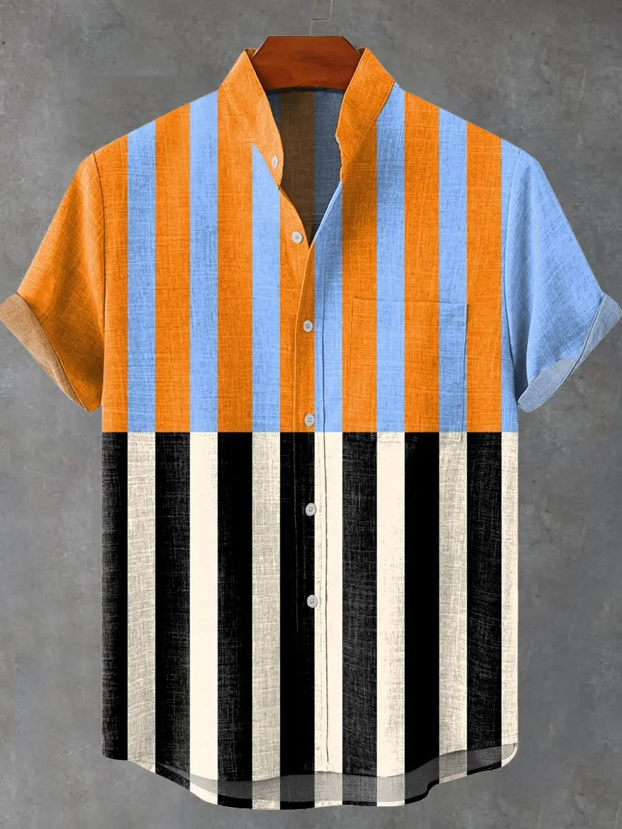 Kavari Royale Men’s Multicolor Geometric Stripe Shirt – 3D Printed Linen Short Sleeve Casual Flap Collar