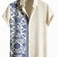 Kavari Royale Men’s Linen Lapel Shirt – Ethnic Totem 3D Printed Hawaiian Short Sleeve Vacation Party Wear