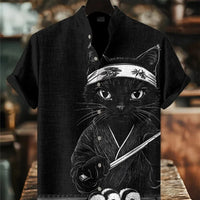 Kavari Royale Men’s Stand Collar Linen Shirt – Creative Printed Short Sleeve Summer Casual Streetwear