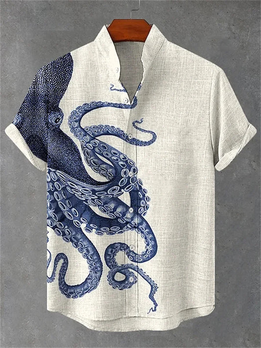 Kavari Royale Men’s Short Sleeve Octopus Print Shirt – Hawaiian Casual Loose Fit Linen-Style Top (XS–6XL)