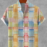 Kavari Royale Men’s Stand Collar Linen Shirt – Creative Printed Short Sleeve Summer Casual Streetwear