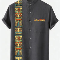 Kavari Royale Men’s Linen Lapel Shirt – Ethnic Totem 3D Printed Hawaiian Short Sleeve Vacation Party Wear