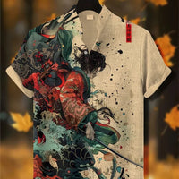 Kavari Royale Men’s Stand Collar Linen Shirt – Creative Printed Short Sleeve Summer Casual Streetwear