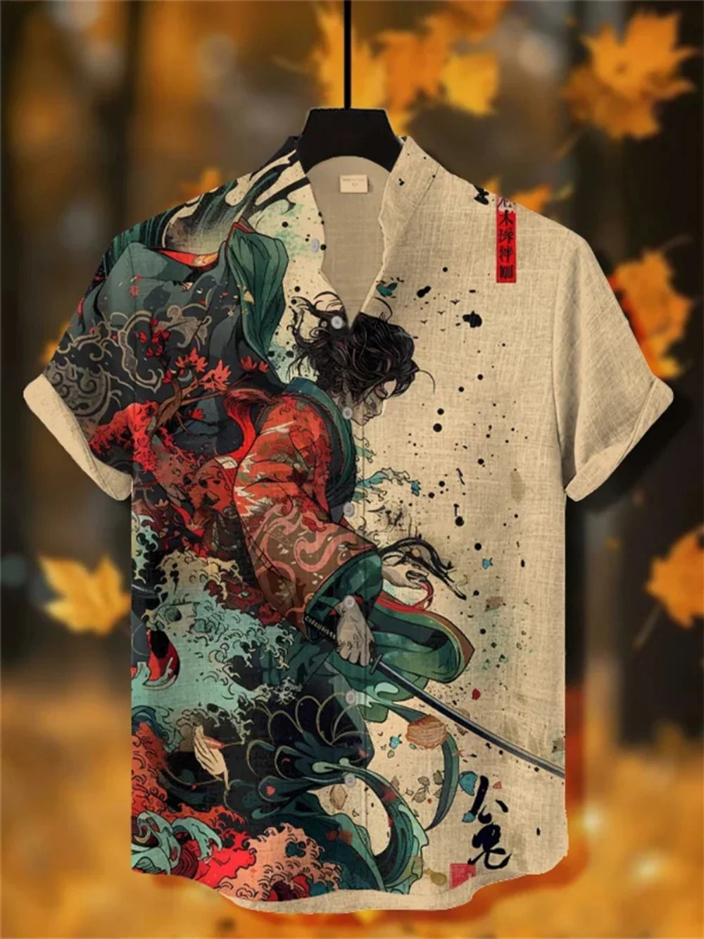 Kavari Royale Men’s Stand Collar Linen Shirt – Creative Printed Short Sleeve Summer Casual Streetwear