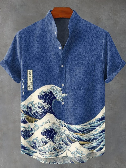 Kavari Royale Wave Linen Shirt – Men’s Short Sleeve Summer Beach Style Casual Wear