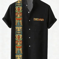 Kavari Royale Men’s Linen Lapel Shirt – Ethnic Totem 3D Printed Hawaiian Short Sleeve Vacation Party Wear