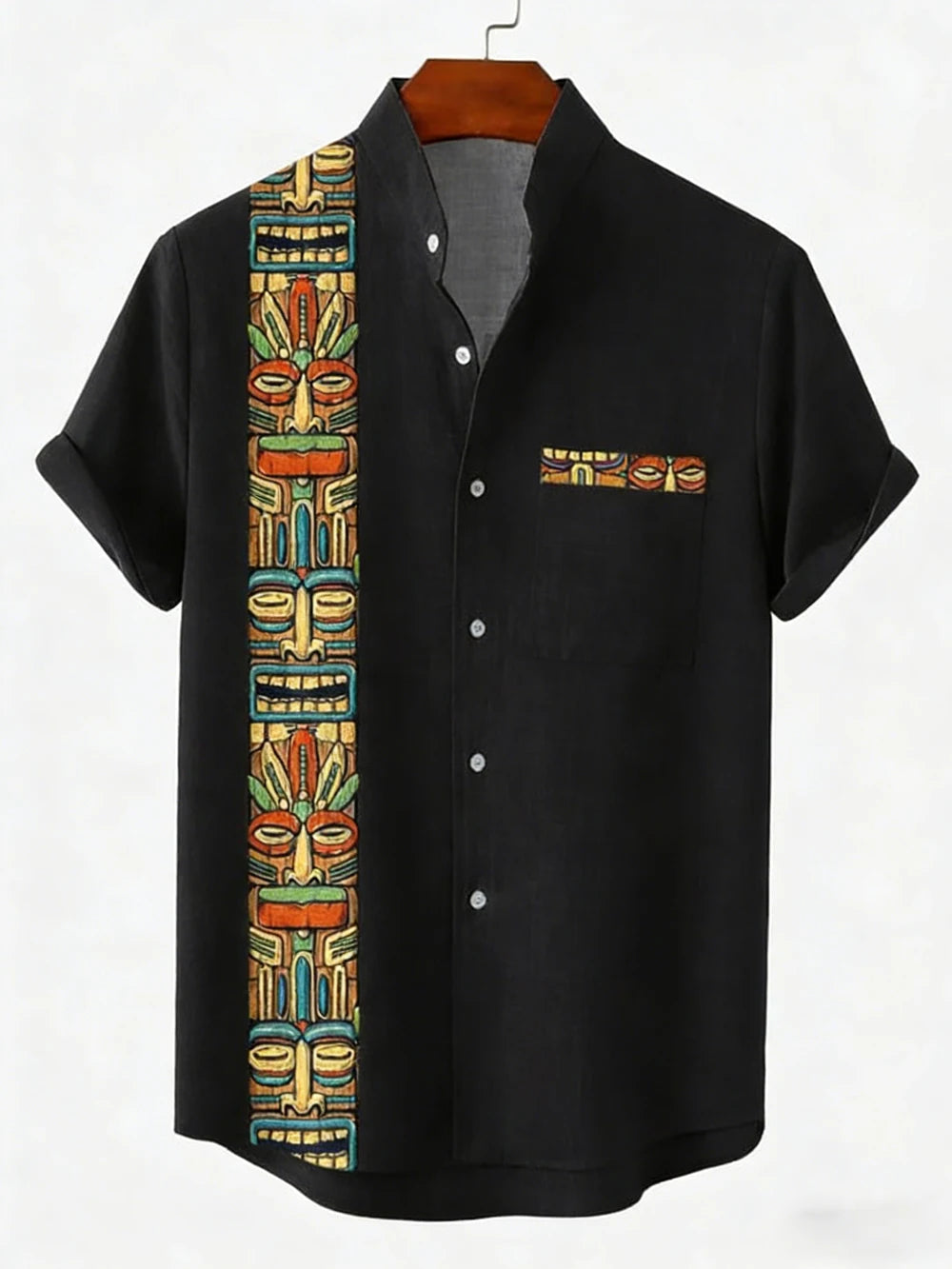 Kavari Royale Men’s Linen Lapel Shirt – Ethnic Totem 3D Printed Hawaiian Short Sleeve Vacation Party Wear