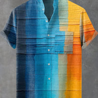 Kavari Royale Men’s Multicolor Geometric Stripe Shirt – 3D Printed Linen Short Sleeve Casual Flap Collar