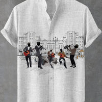 Kavari Royale Atelier Men’s Short Sleeve Linen Shirt – Hawaiian Beach Stand Collar Button Cardigan Printed Casual Wear
