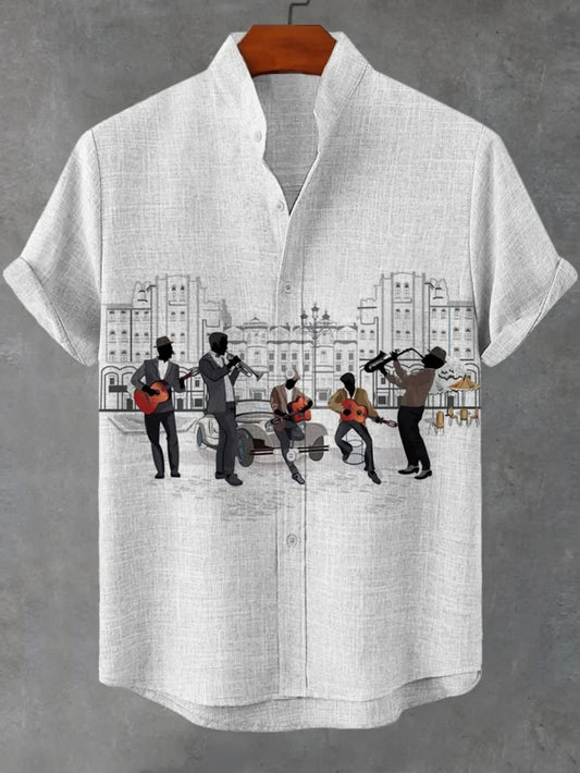 Kavari Royale Atelier Men’s Short Sleeve Linen Shirt – Hawaiian Beach Stand Collar Button Cardigan Printed Casual Wear