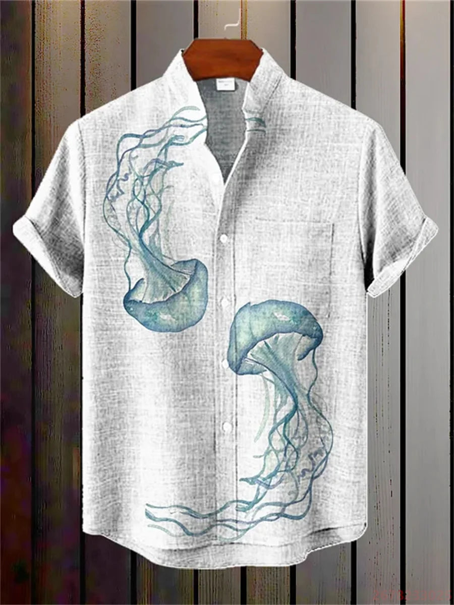 Kavari Royale Men’s Short Sleeve Octopus Print Shirt – Hawaiian Casual Loose Fit Linen-Style Top (XS–6XL)