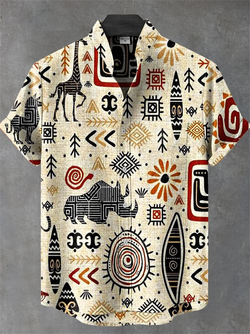 Kavari Royale Men’s Cartoon Cat Print Linen Shirt – Comfortable Short Sleeve Casual Art Design