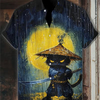 Kavari Royale Men’s Desert Pyramid Cat Print Shirt – Short Sleeve Linen Lapel Casual Streetwear