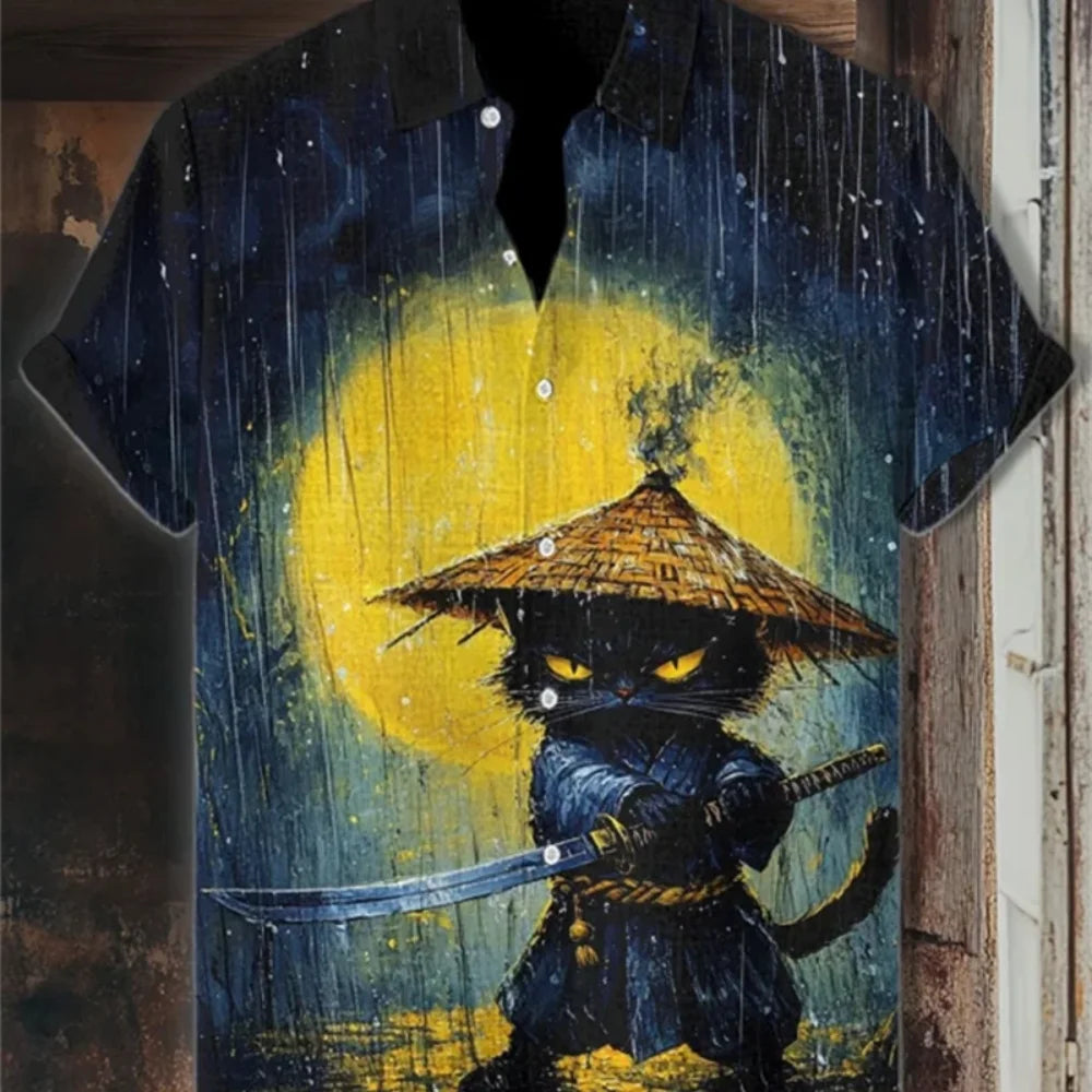 Kavari Royale Men’s Desert Pyramid Cat Print Shirt – Short Sleeve Linen Lapel Casual Streetwear