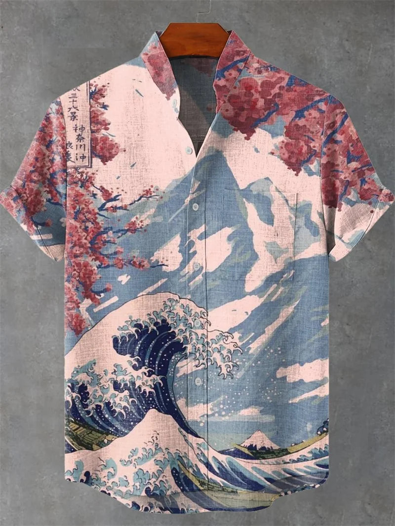 Kavari Royale Summer Wave Linen Shirt – Retro 3D Fish Print Hawaiian Beach Short Sleeve Casual Wear