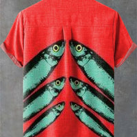 Kavari Royale Summer Wave Linen Shirt – Retro 3D Fish Print Hawaiian Beach Short Sleeve Casual Wear