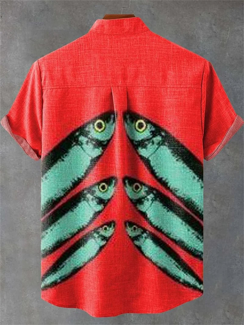 Kavari Royale Summer Wave Linen Shirt – Retro 3D Fish Print Hawaiian Beach Short Sleeve Casual Wear