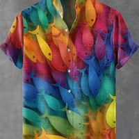 Kavari Royale Summer Wave Linen Shirt – Retro 3D Fish Print Hawaiian Beach Short Sleeve Casual Wear
