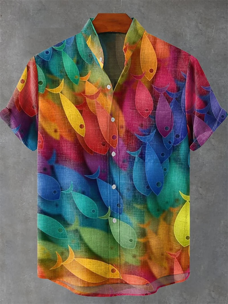 Kavari Royale Summer Wave Linen Shirt – Retro 3D Fish Print Hawaiian Beach Short Sleeve Casual Wear