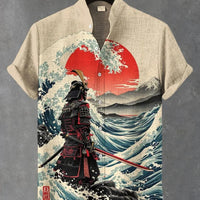 Kavari Royale Atelier Men’s Short Sleeve Linen Shirt – Hawaiian Beach Stand Collar Button Cardigan Printed Casual Wear