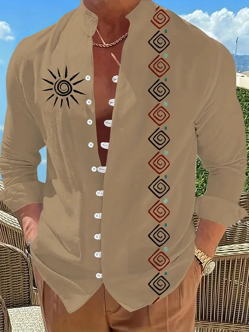 Kavari Royale Men’s Long Sleeve Tribal Print Shirt – Vintage Summer Casual Beach Party Wear