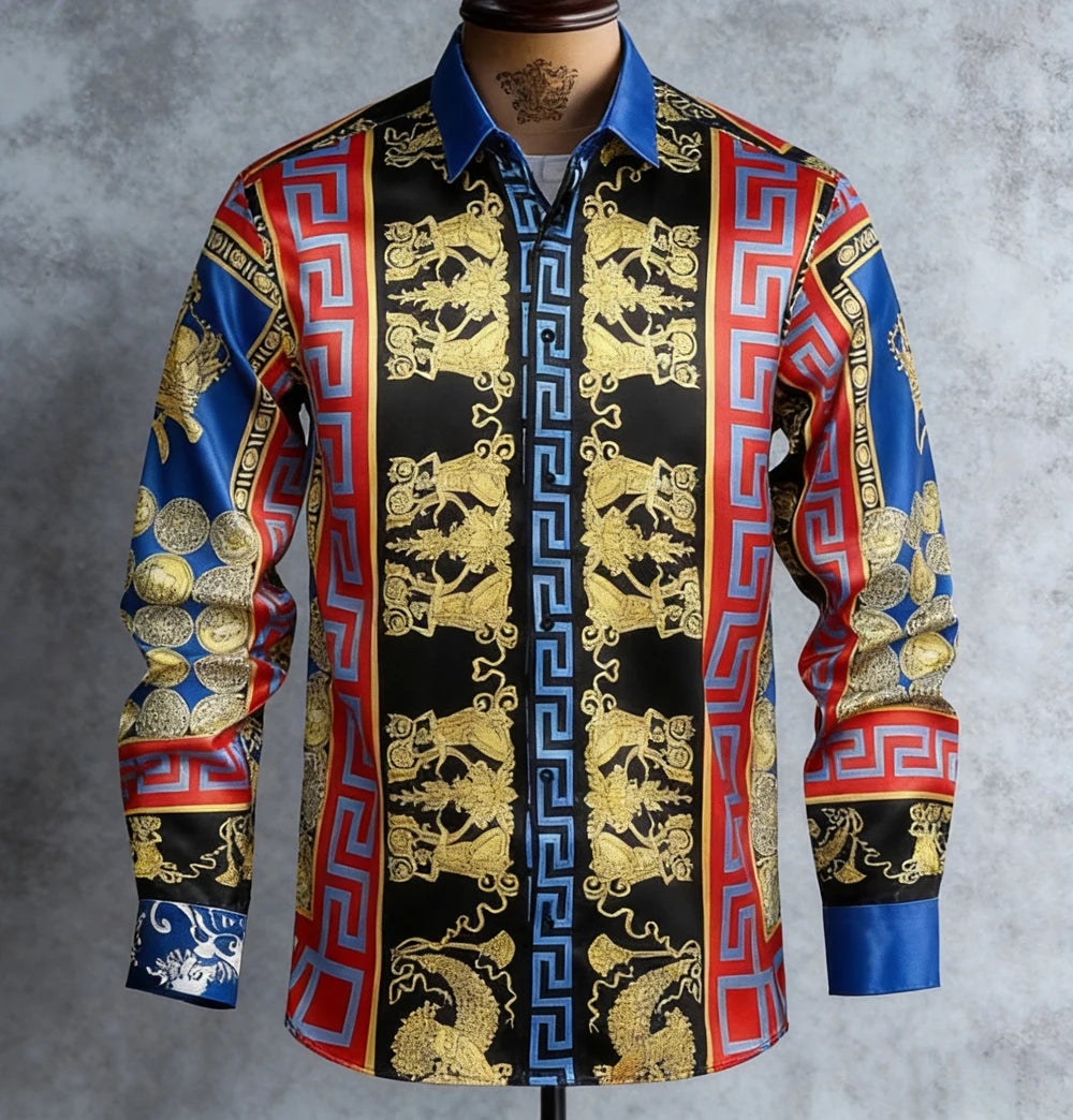 Kavari Royale Men’s French Luxury Baroque Shirt – 3D Printed Long Sleeve Hawaiian Vacation & Wedding Wear