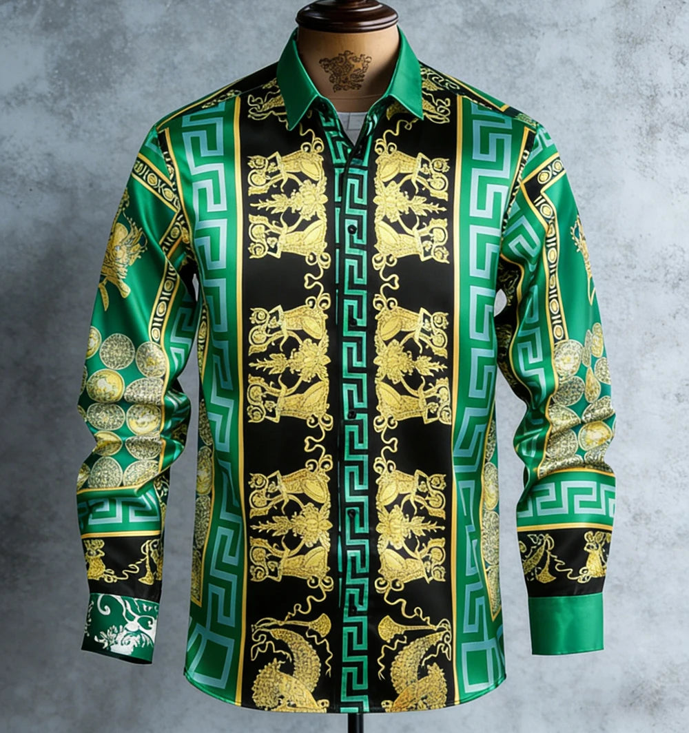 Kavari Royale Men’s French Luxury Baroque Shirt – 3D Printed Long Sleeve Hawaiian Vacation & Wedding Wear