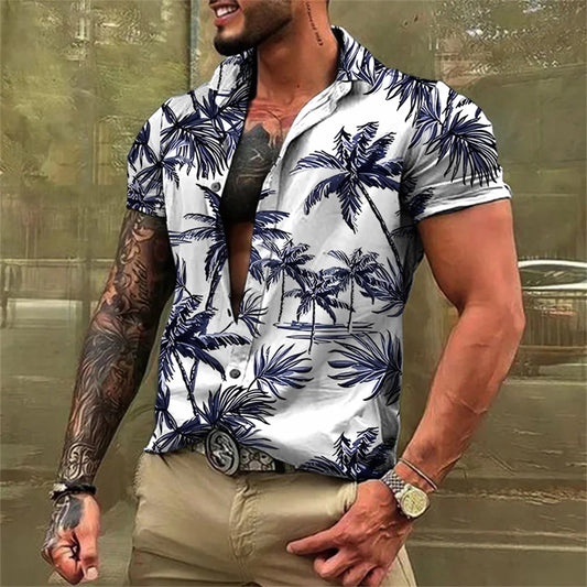Kavari Royale Men’s Hawaiian Beach Shirt – Coconut Tree Print Short Sleeve Casual Polo Top