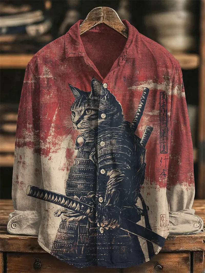 Kavari Royale Men’s Linen Long Sleeve Shirt – 3D Bamboo Leaf Print Hawaiian Lapel Casual Comfort Top