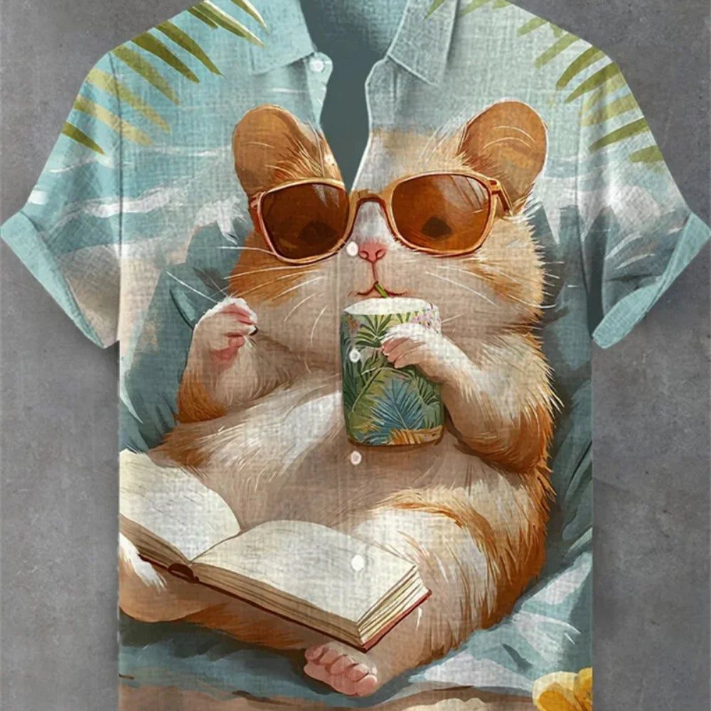 Kavari Royale Men’s Desert Pyramid Cat Print Shirt – Short Sleeve Linen Lapel Casual Streetwear