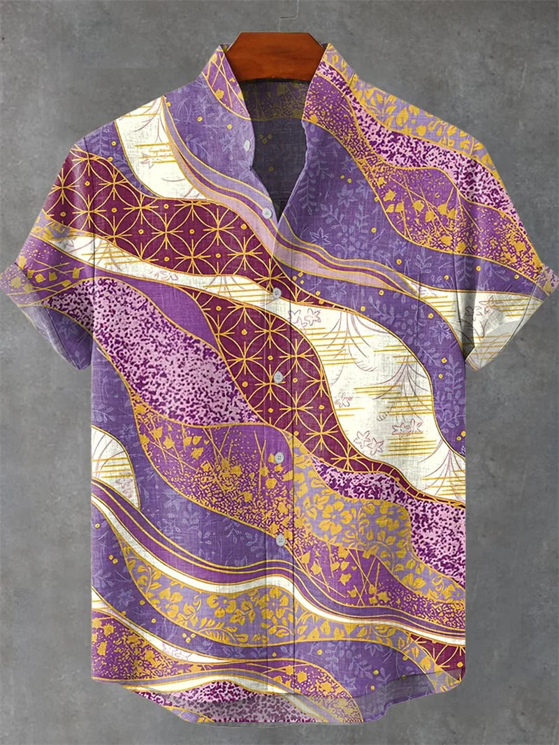 Kavari Royale Summer Wave Linen Shirt – Retro 3D Fish Print Hawaiian Beach Short Sleeve Casual Wear