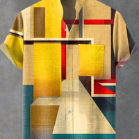Kavari Royale Men’s Multicolor Geometric Stripe Shirt – 3D Printed Linen Short Sleeve Casual Flap Collar