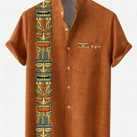 Kavari Royale Men’s Linen Lapel Shirt – Ethnic Totem 3D Printed Hawaiian Short Sleeve Vacation Party Wear