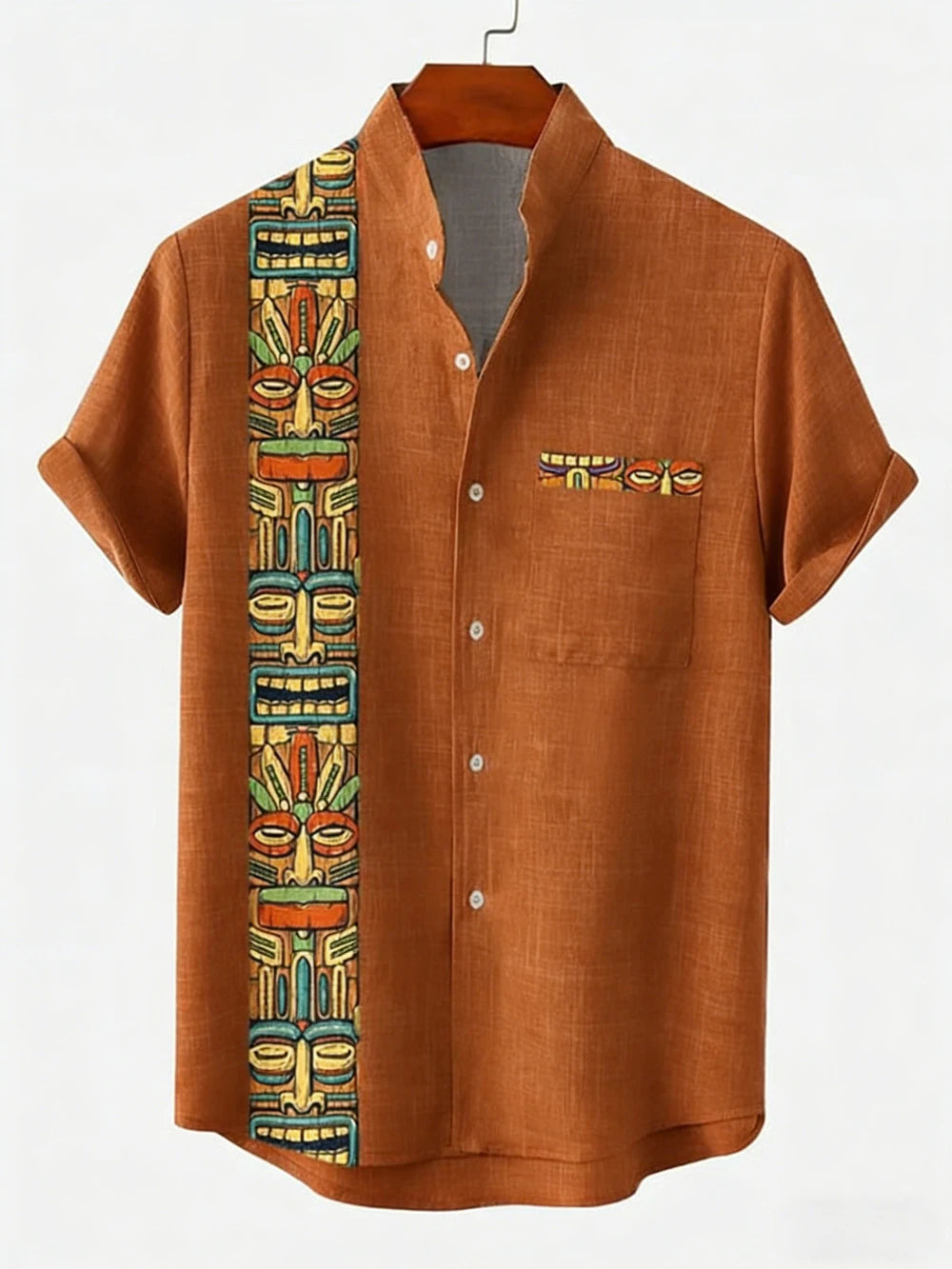 Kavari Royale Men’s Linen Lapel Shirt – Ethnic Totem 3D Printed Hawaiian Short Sleeve Vacation Party Wear