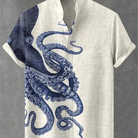 Kavari Royale Men’s Short Sleeve Octopus Print Shirt – Hawaiian Casual Loose Fit Linen-Style Top (XS–6XL)