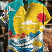 Kavari Royale Men’s Sea Wave 3D Printed Linen Shirt – Short Sleeve Harajuku Streetwear Casual Summer Holiday Top