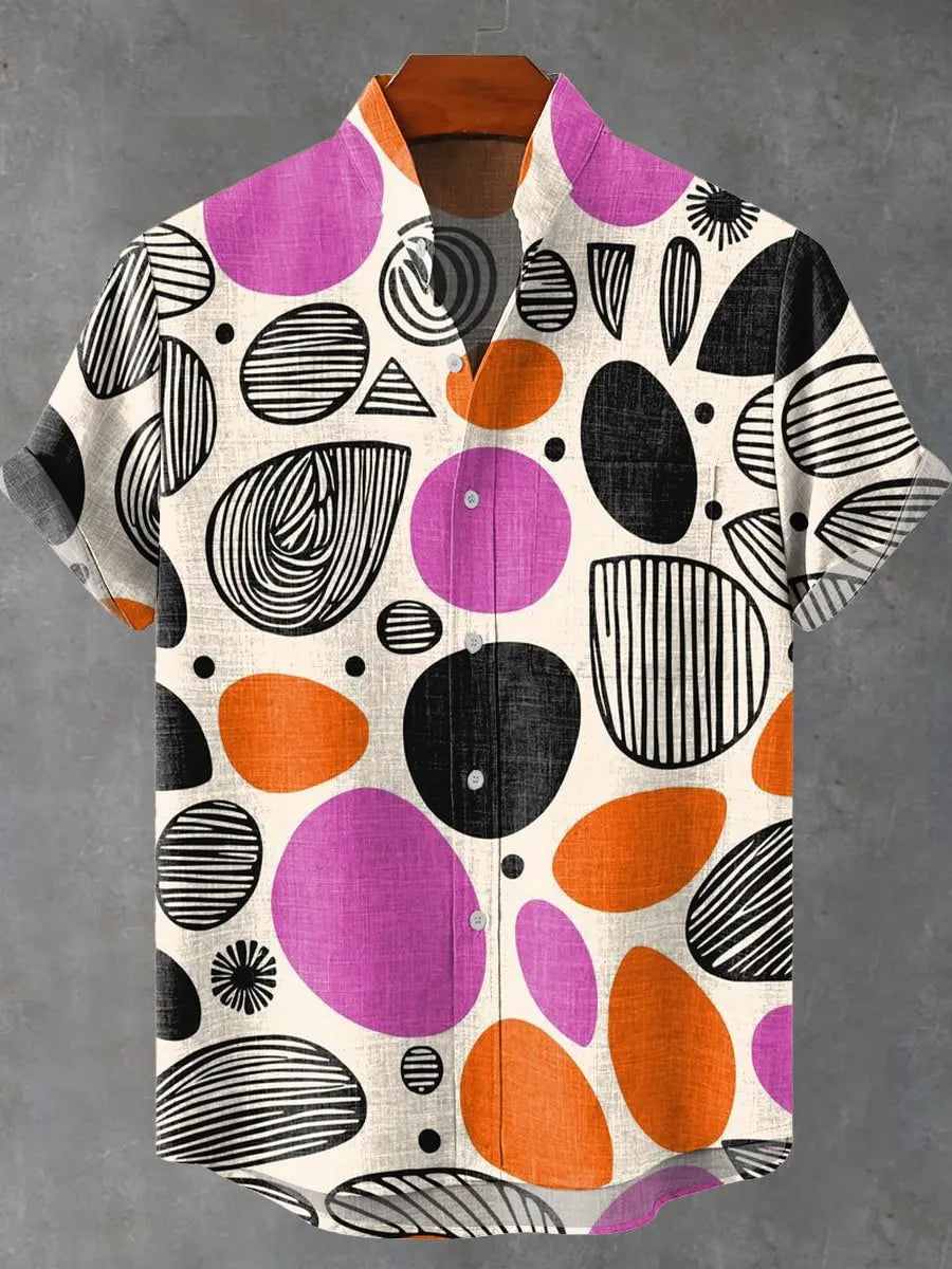 Kavari Royale Men’s Multicolor Geometric Stripe Shirt – 3D Printed Linen Short Sleeve Casual Flap Collar