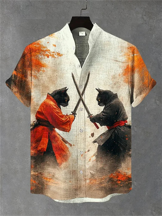 Kavari Royale Men’s Stand Collar Linen Shirt – Creative Printed Short Sleeve Summer Casual Streetwear