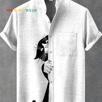 Kavari Royale Men’s Cartoon Cat Print Linen Shirt – Comfortable Short Sleeve Casual Art Design