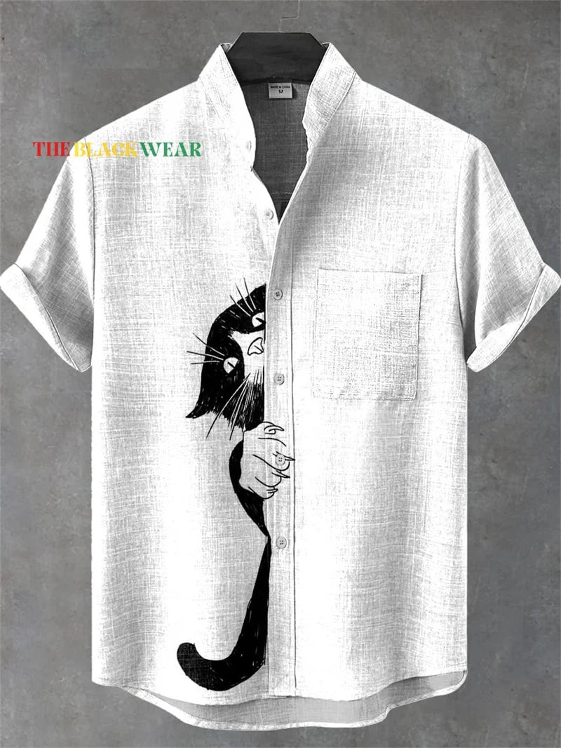 Kavari Royale Men’s Cartoon Cat Print Linen Shirt – Comfortable Short Sleeve Casual Art Design