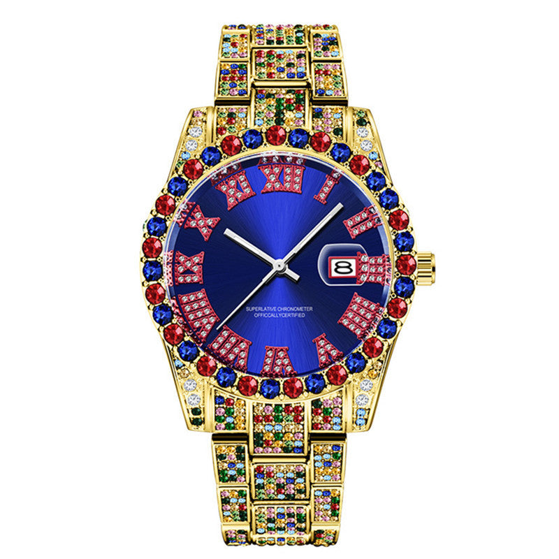 Men’s Hip Hop Diamond Watch | Full Color Quartz Stainless Steel Date Watch