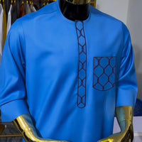 Kavari Royale Blue African Agbada 3-Piece Outfit – Handmade Men’s Wedding & Groomsmen Suit
