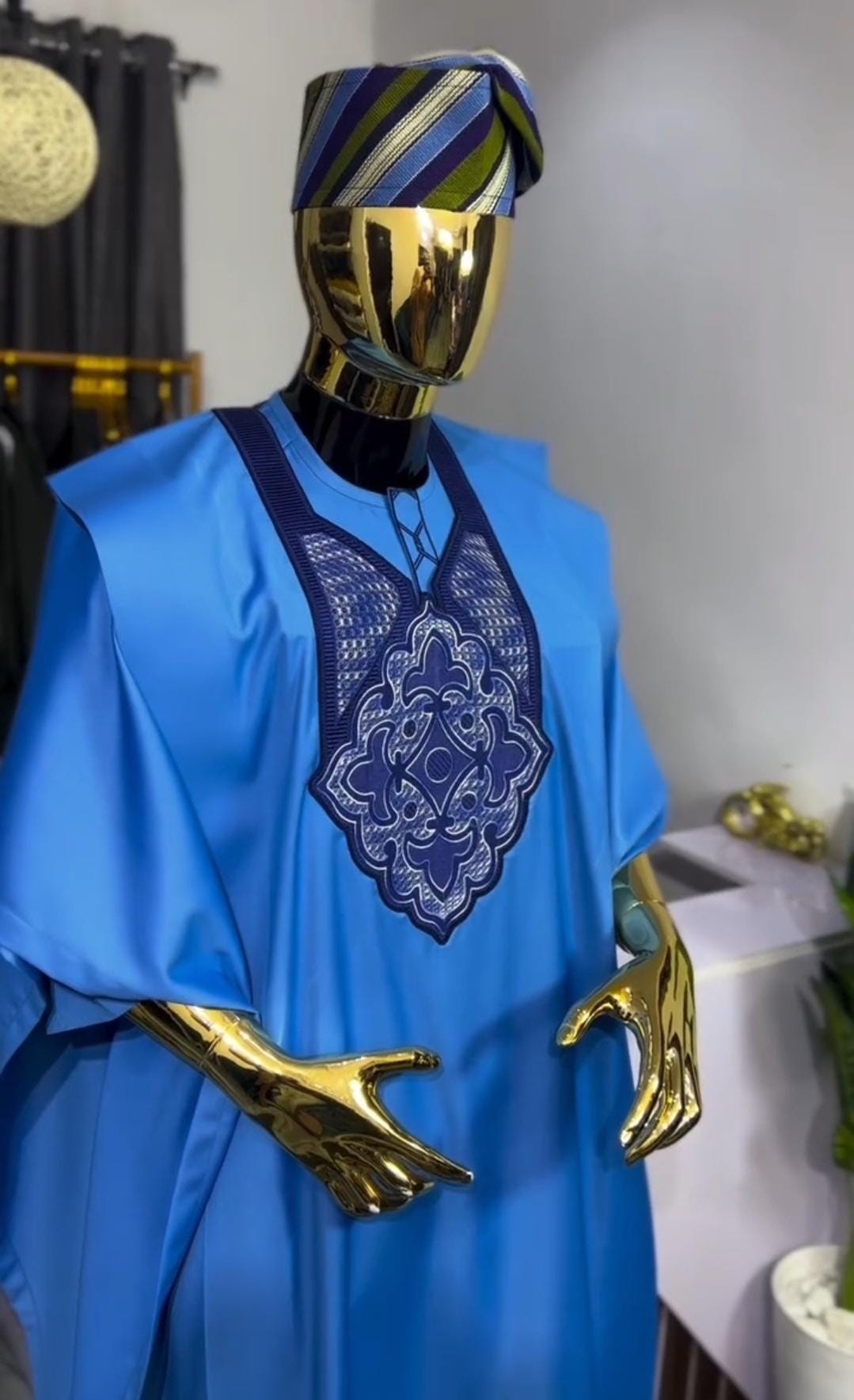 Kavari Royale Blue African Agbada 3-Piece Outfit – Handmade Men’s Wedding & Groomsmen Suit