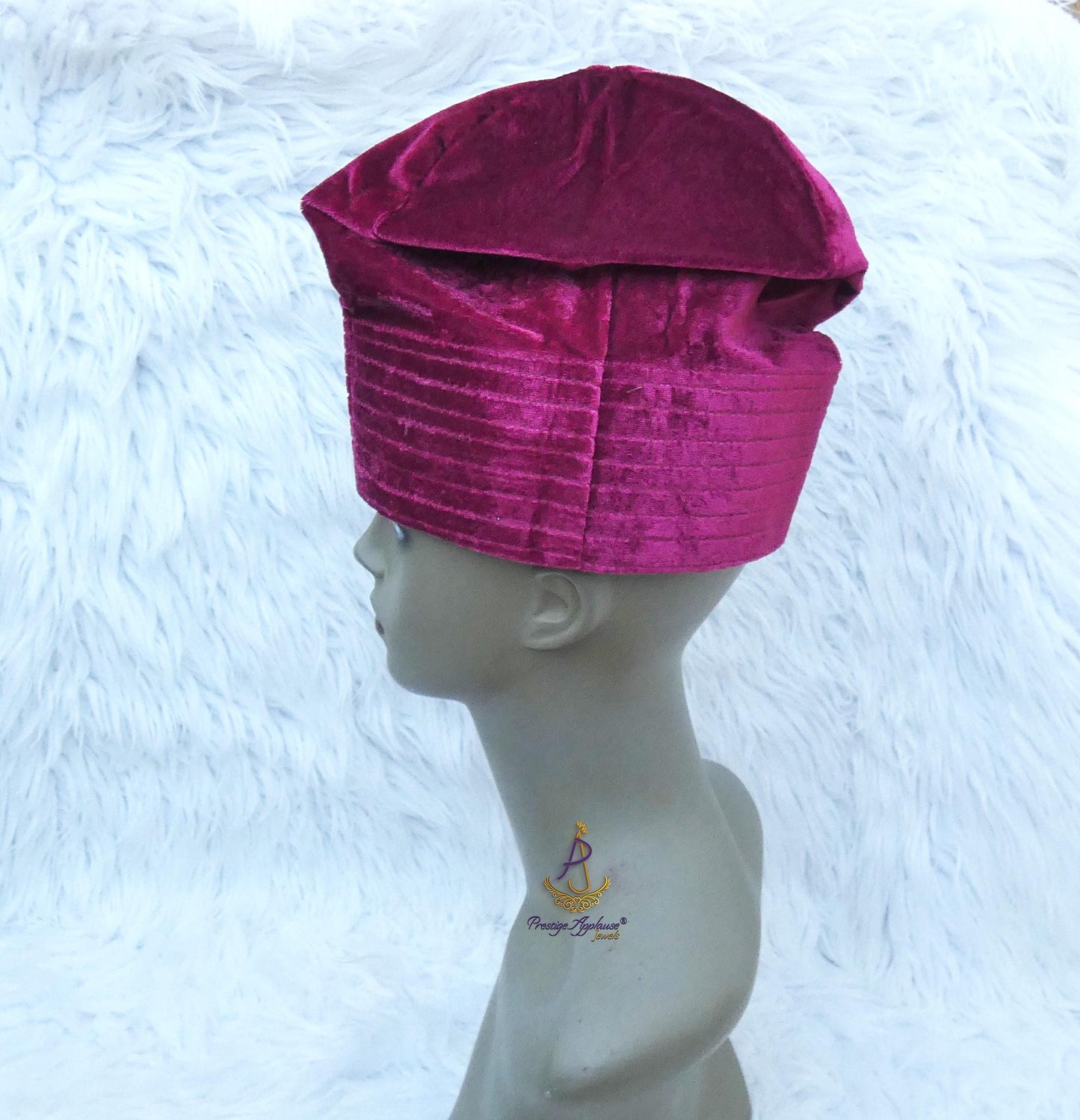 Kavari Royale Velvet Fila Cap for Men – Nigerian Yoruba Igbo Edo Traditional Hat (Black, Red & Maroon) Party Wear